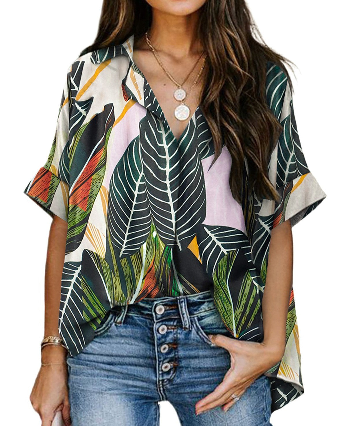 Printed Notch Collar Short Sleeve Popover Shirt - Leaves