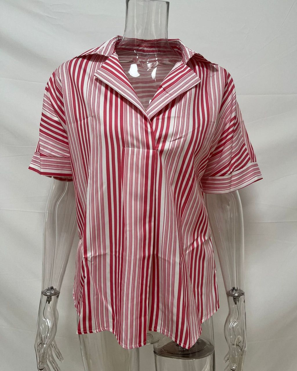 Printed Notch Collar Short Sleeve Popover Shirt - Pink
