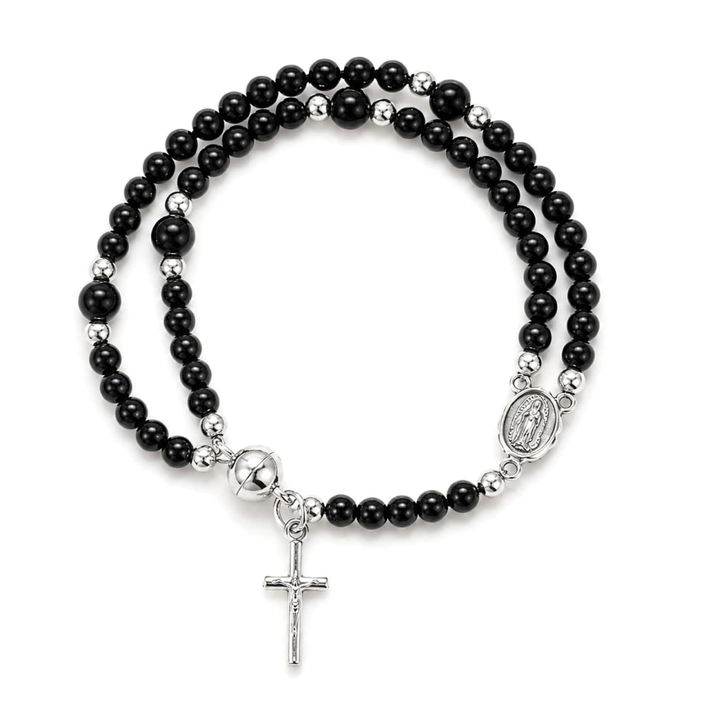 Beaded Rosary Bracelet with Cross and Medal Charms - Black