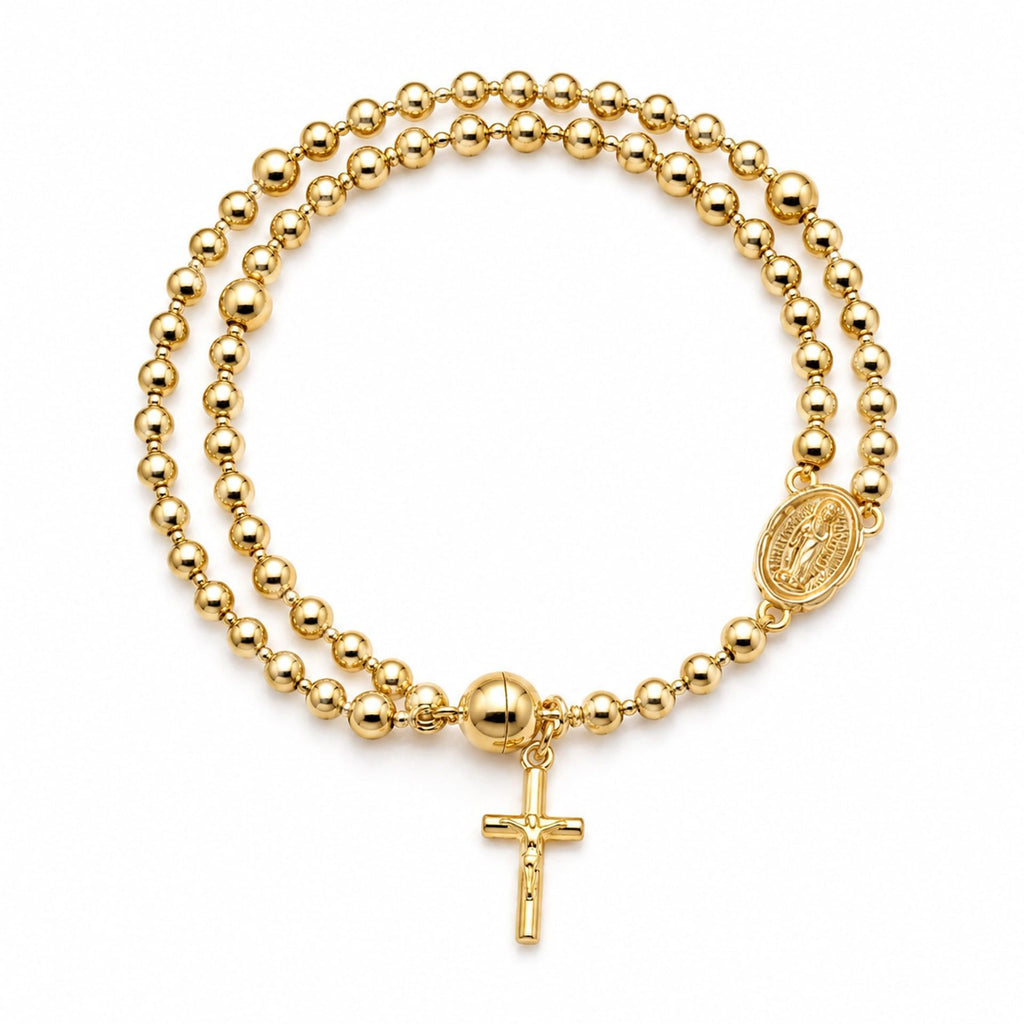 Beaded Rosary Bracelet with Cross and Medal Charms - Gold
