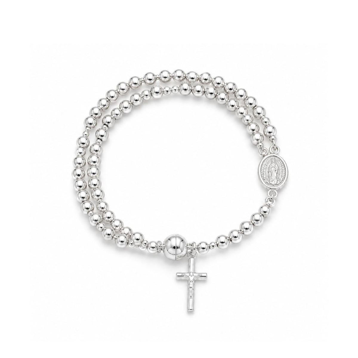 Beaded Rosary Bracelet with Cross and Medal Charms - Silver