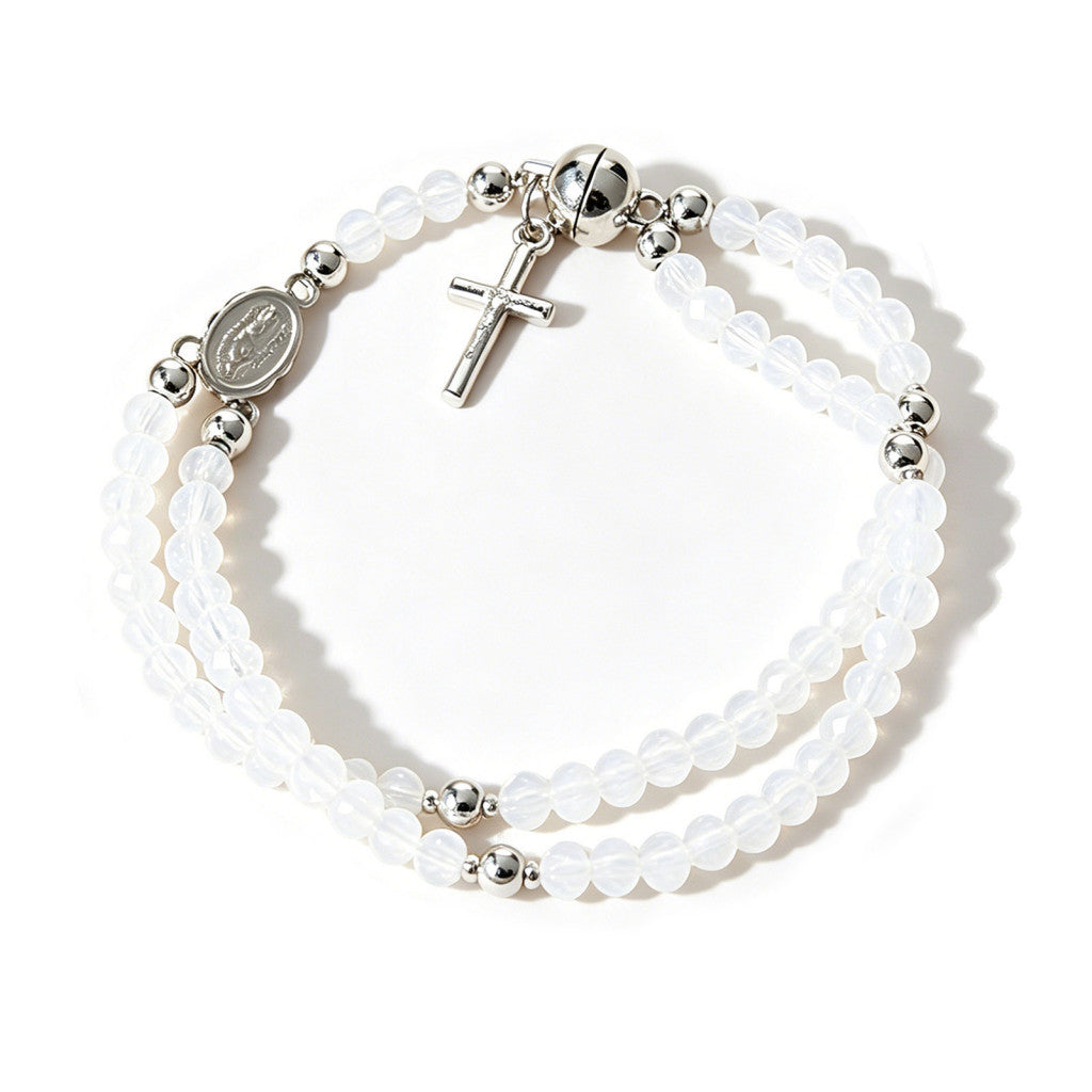 Beaded Rosary Bracelet with Cross and Medal Charms - White