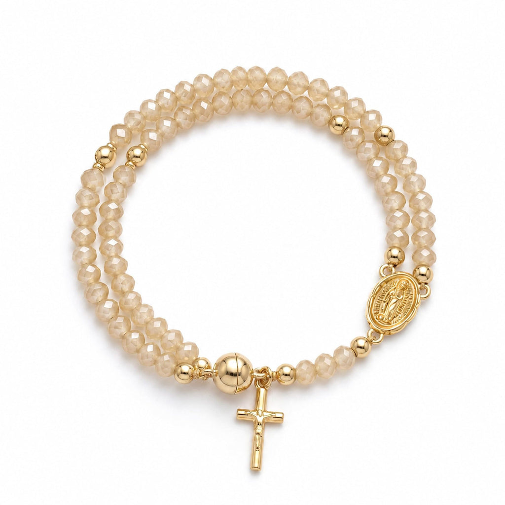 Beaded Rosary Bracelet with Cross and Medal Charms - Yellow