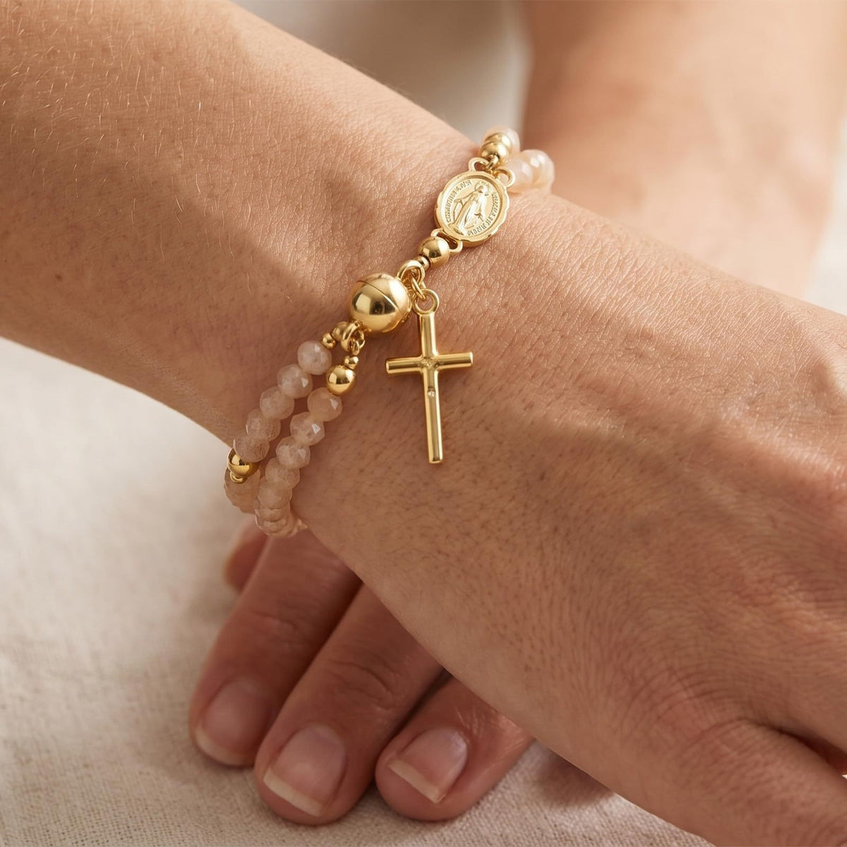 Beaded Rosary Bracelet with Cross and Medal Charms