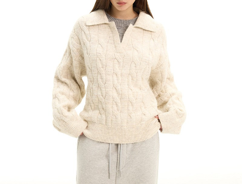Cable Knit Open Collar Pullover Sweater - Apricot