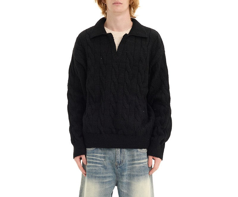Cable Knit Open Collar Pullover Sweater - Black