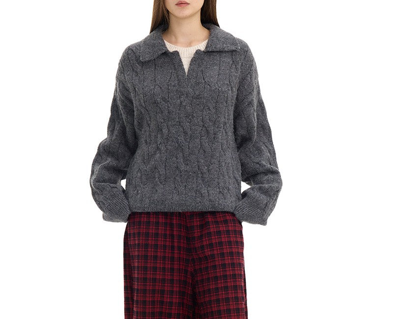 Cable Knit Open Collar Pullover Sweater - DarkGray