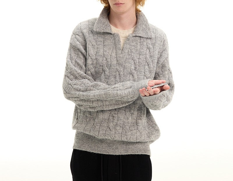 Cable Knit Open Collar Pullover Sweater - Gray