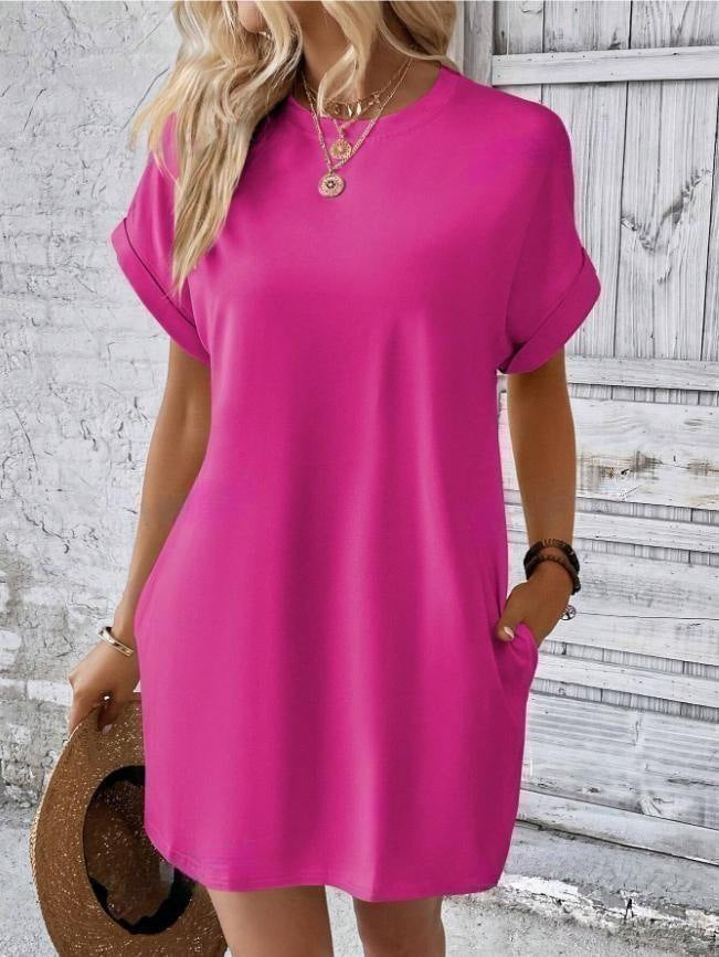 Round Neck T Shirt Dress With Side Pockets - Rose