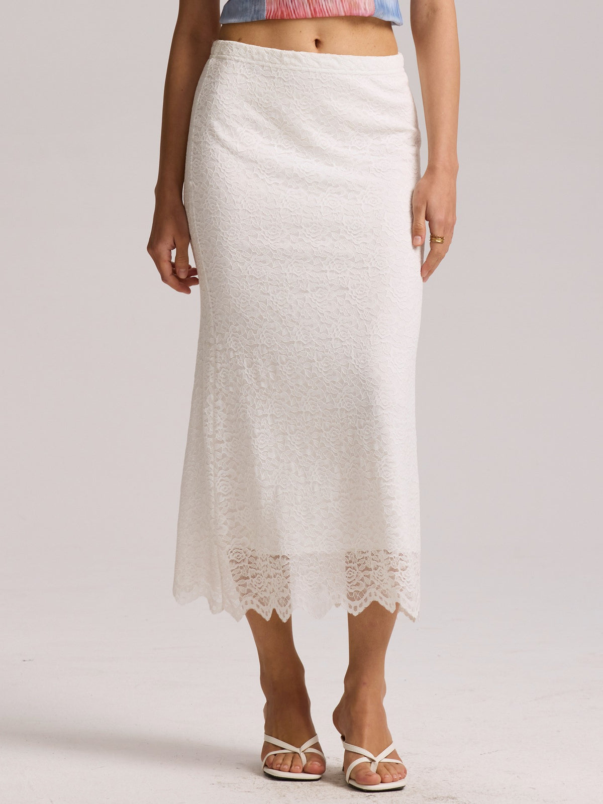Floral Lace Scalloped Hem Skirt - White