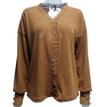 Lace Trim V Neck Waffle Knit Pullover Top - Brown