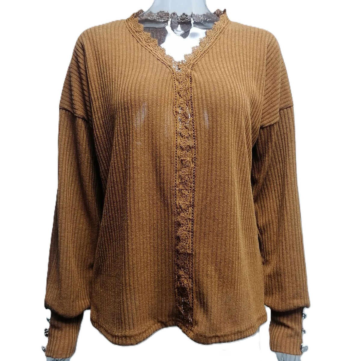 Lace Trim V Neck Waffle Knit Pullover Top - Brown