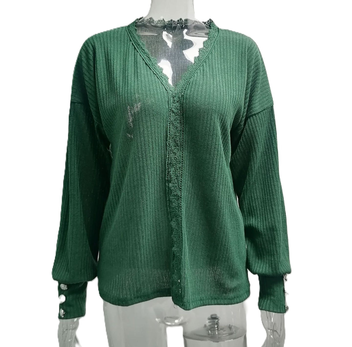 Lace Trim V Neck Waffle Knit Pullover Top - Darkgreen