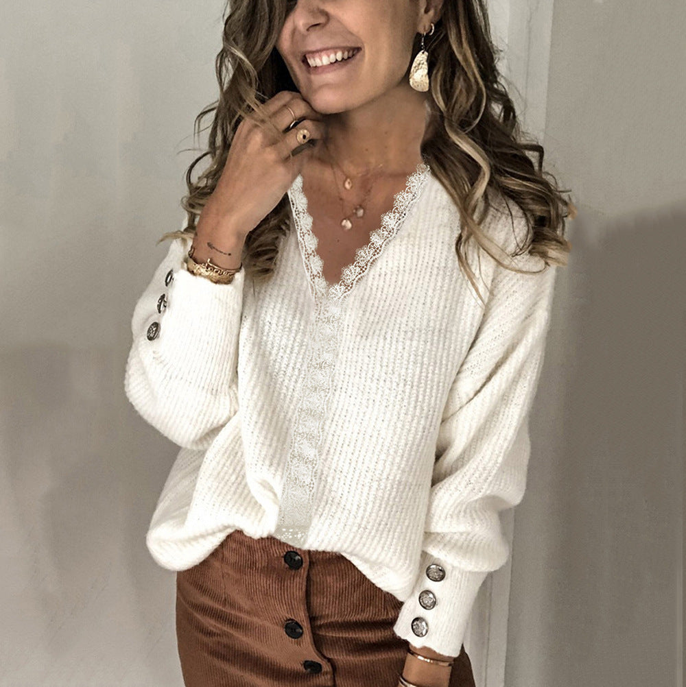 Lace Trim V Neck Waffle Knit Pullover Top - White