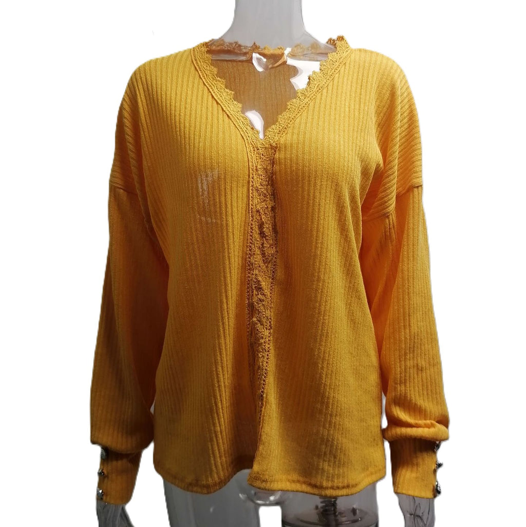 Lace Trim V Neck Waffle Knit Pullover Top - Yellow