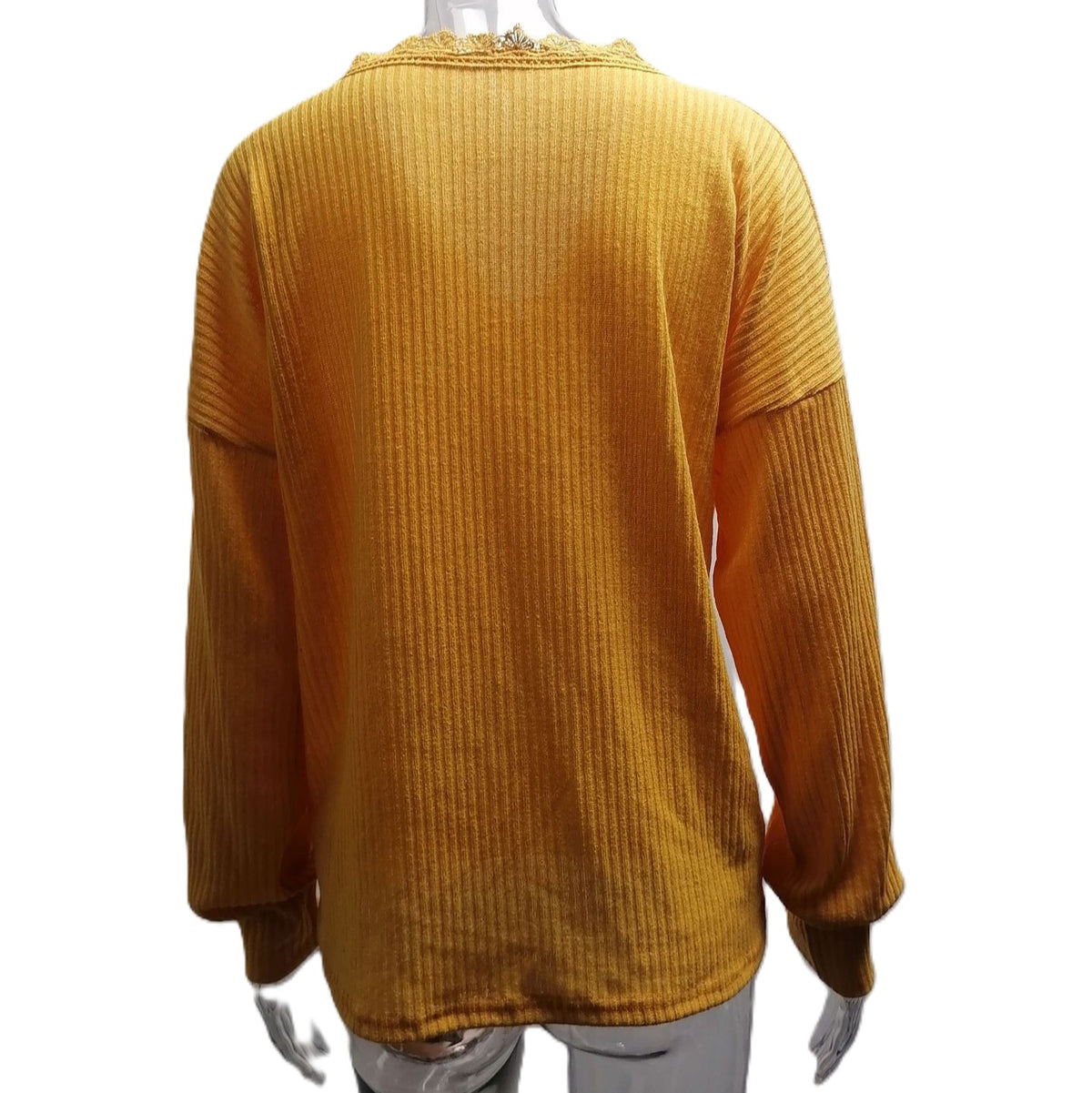 Lace Trim V Neck Waffle Knit Pullover Top - Yellow - 1