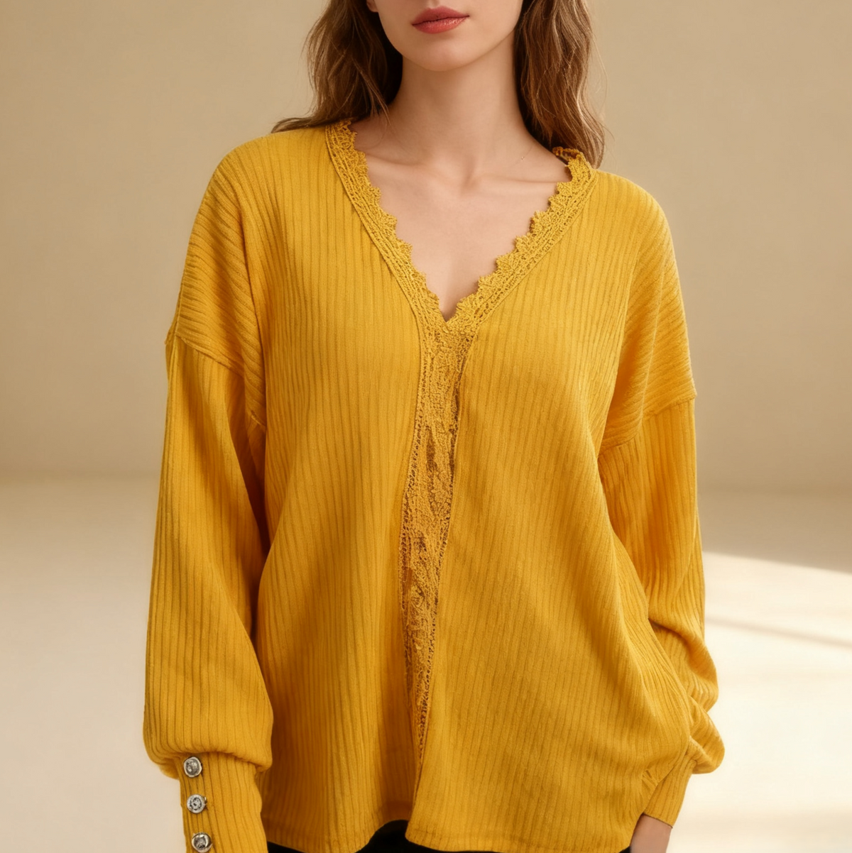 Lace Trim V Neck Waffle Knit Pullover Top - view 1