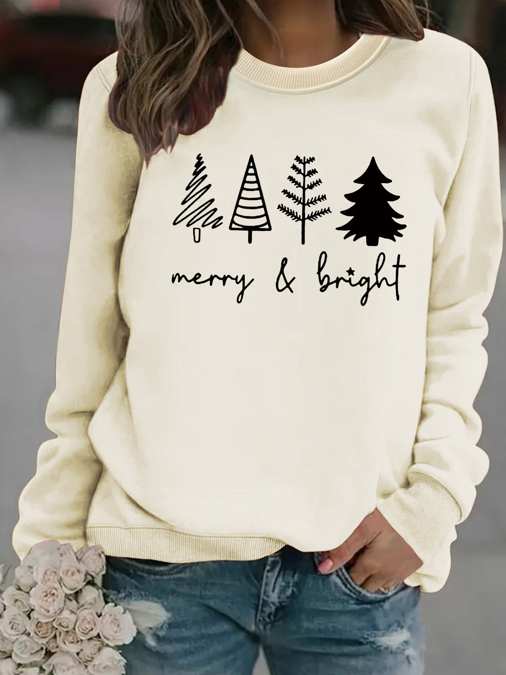Holiday Tree Graphic Crewneck Sweatshirt - Apricot