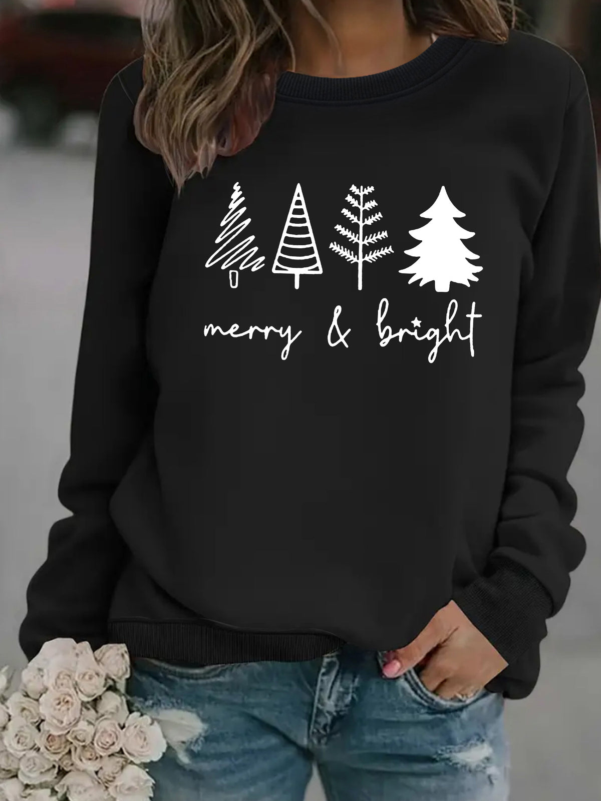 Holiday Tree Graphic Crewneck Sweatshirt - Black