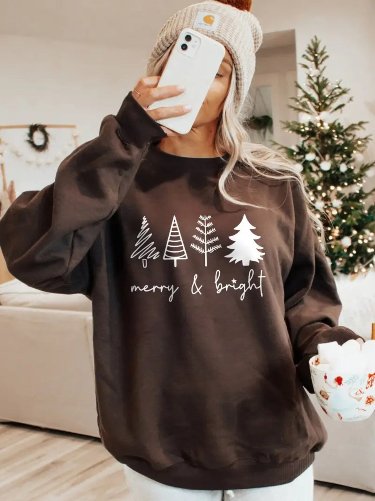 Holiday Tree Graphic Crewneck Sweatshirt - Coffee