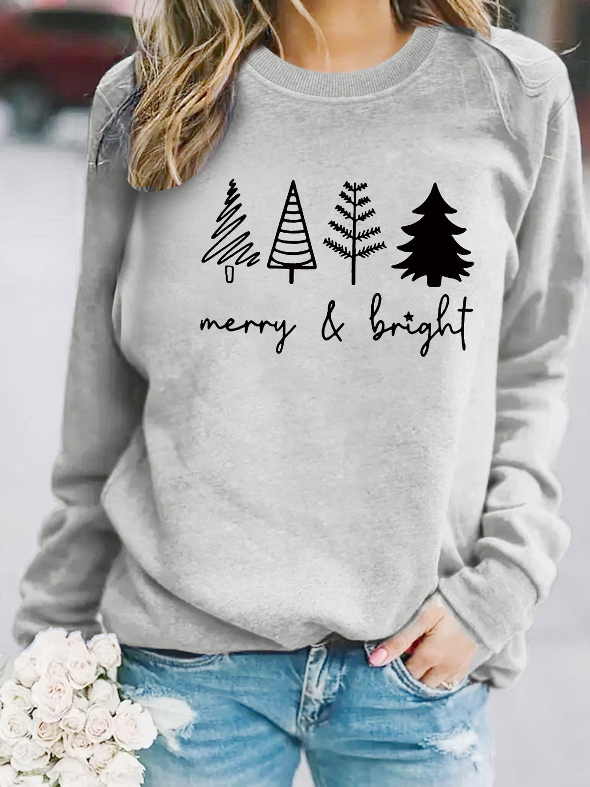 Holiday Tree Graphic Crewneck Sweatshirt - Grey