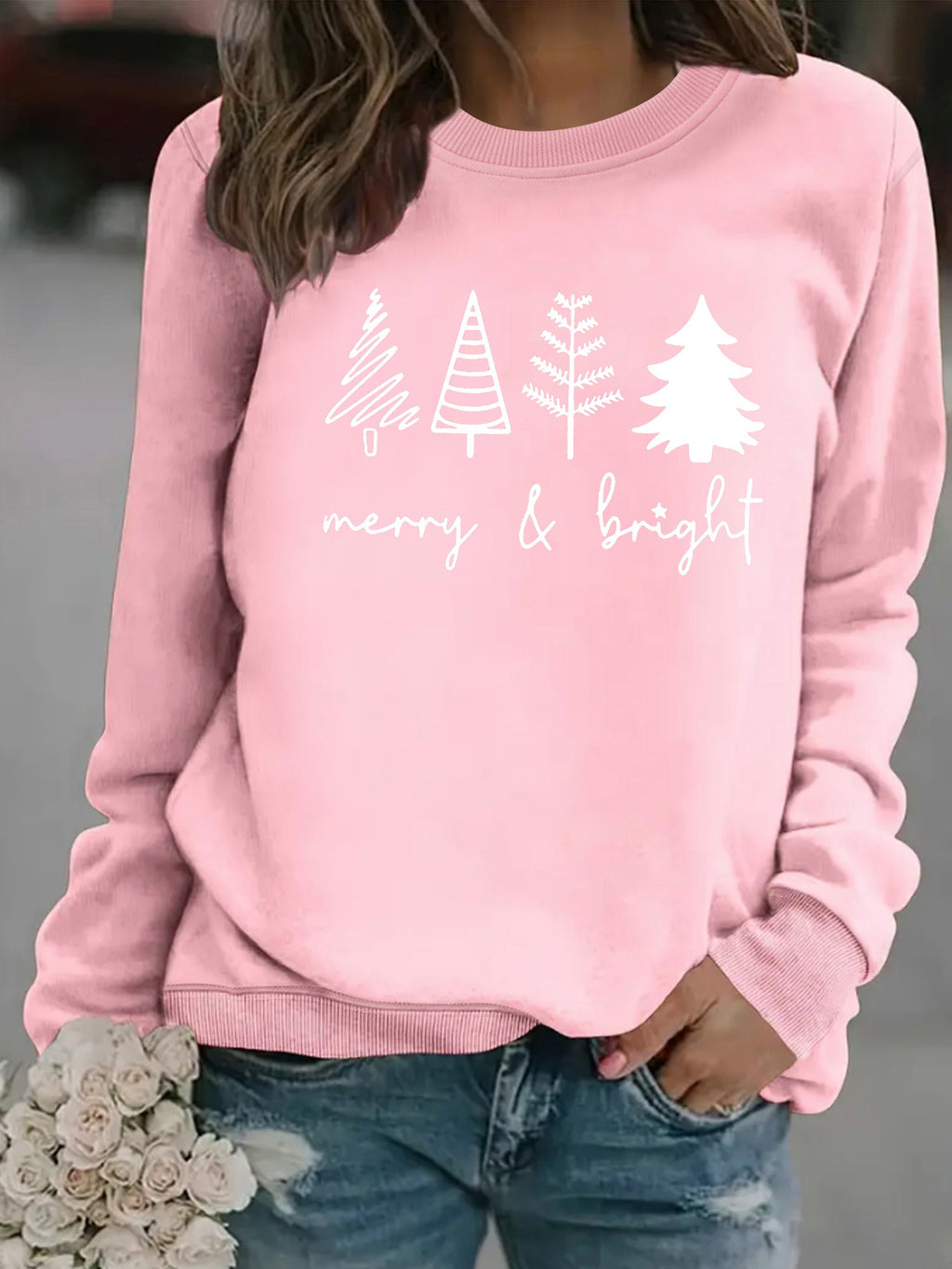 Holiday Tree Graphic Crewneck Sweatshirt - Pink