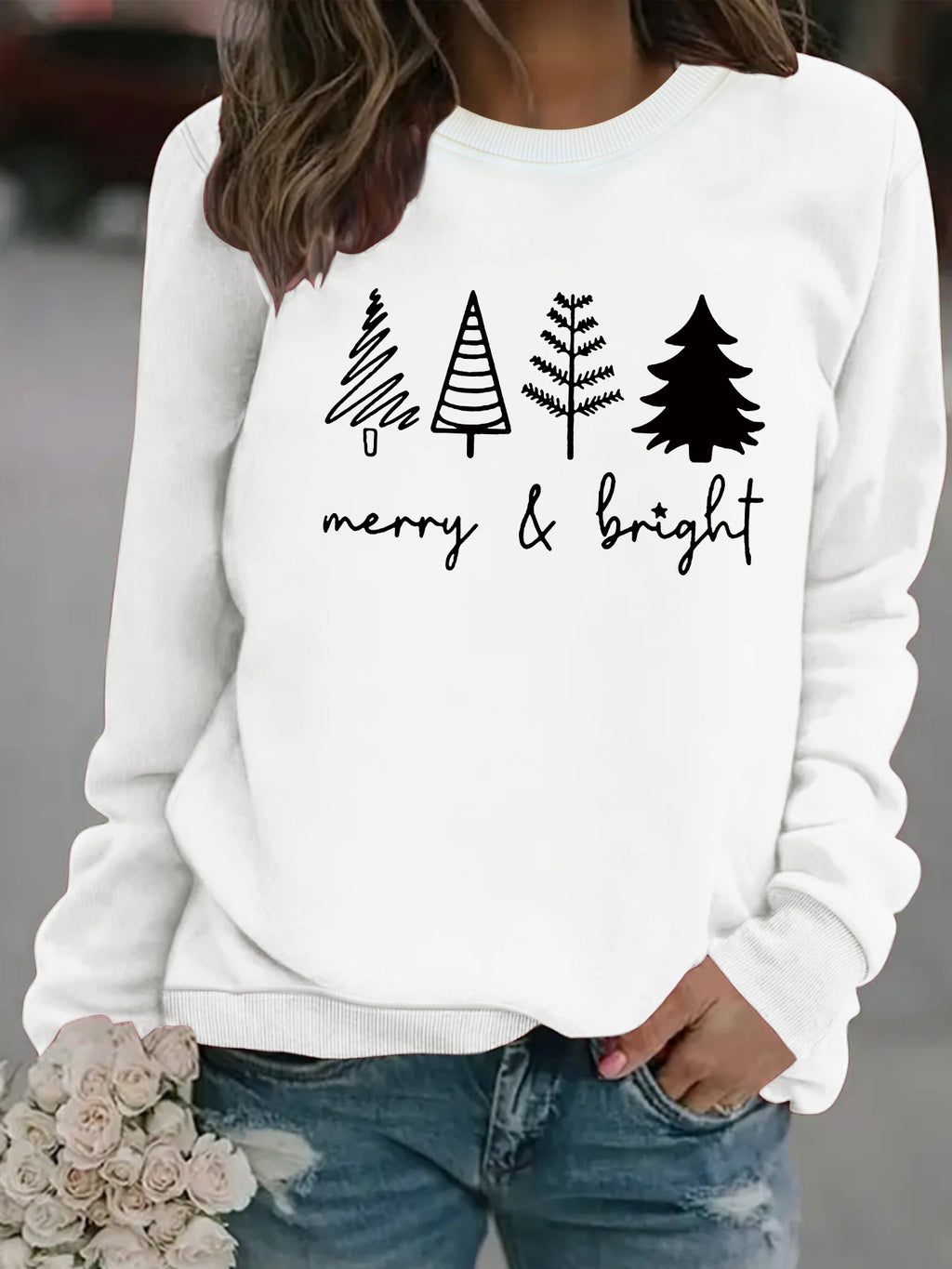 Holiday Tree Graphic Crewneck Sweatshirt - White
