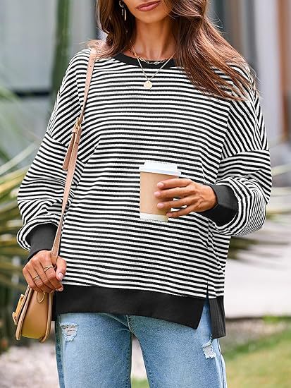 Striped Waffle Knit Contrast Hem Sweatshirt - Black