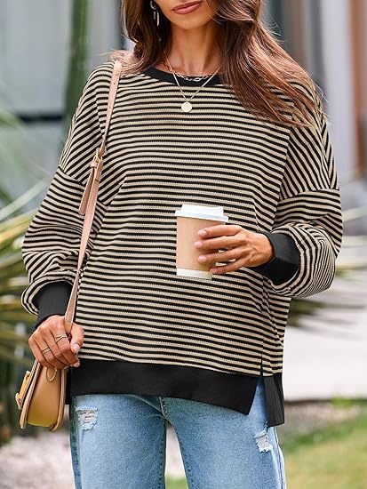 Striped Waffle Knit Contrast Hem Sweatshirt - Camel