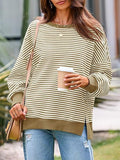Striped Waffle Knit Contrast Hem Sweatshirt - Khaki