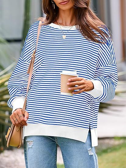 Striped Waffle Knit Contrast Hem Sweatshirt - LtBlue