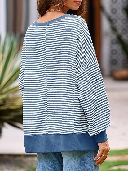 Striped Waffle Knit Contrast Hem Sweatshirt - SeaBlue - 1