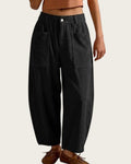 Corduroy Patch Pocket Elastic Waist Barrel Leg Pants - Black