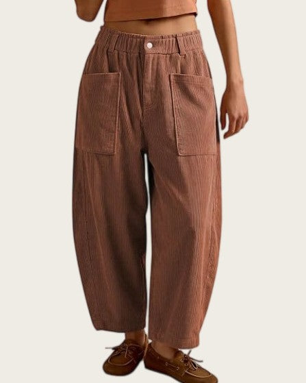 Corduroy Patch Pocket Elastic Waist Barrel Leg Pants - Brown