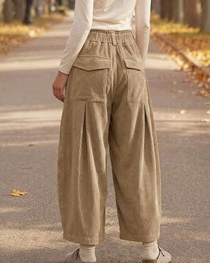 Corduroy Patch Pocket Elastic Waist Barrel Leg Pants - Khaki - 1