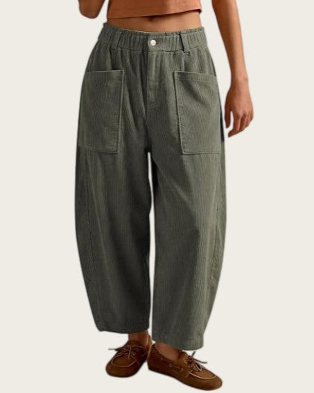 Corduroy Patch Pocket Elastic Waist Barrel Leg Pants - Olive