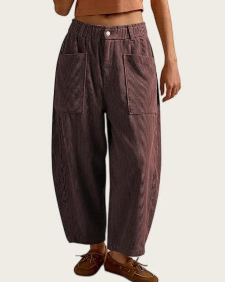 Corduroy Patch Pocket Elastic Waist Barrel Leg Pants - Red_Brown