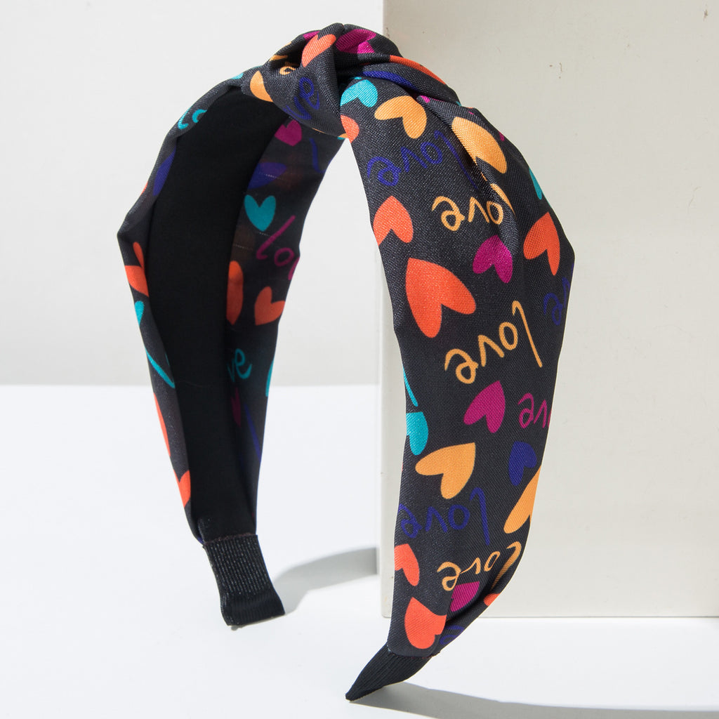 Heart Print Knotted Wide Headband - Black