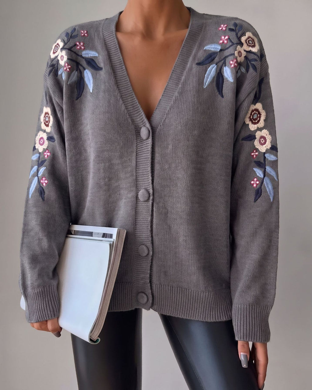 Knit Cardigan With Embroidered Floral Shoulders - Grey