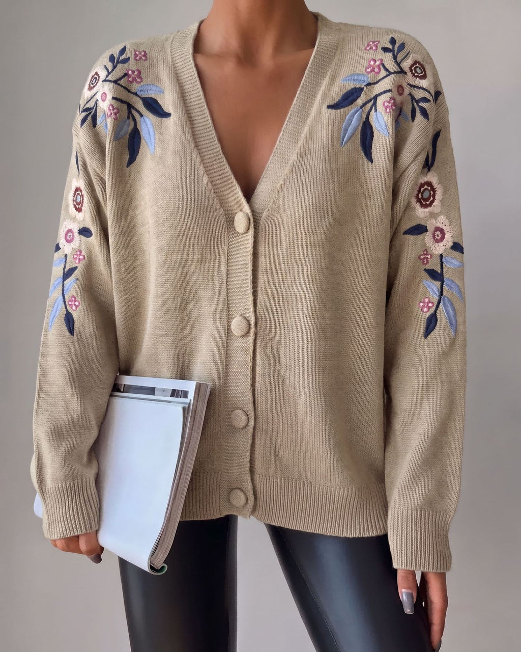 Knit Cardigan With Embroidered Floral Shoulders - Khaki