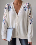 Knit Cardigan With Embroidered Floral Shoulders - White