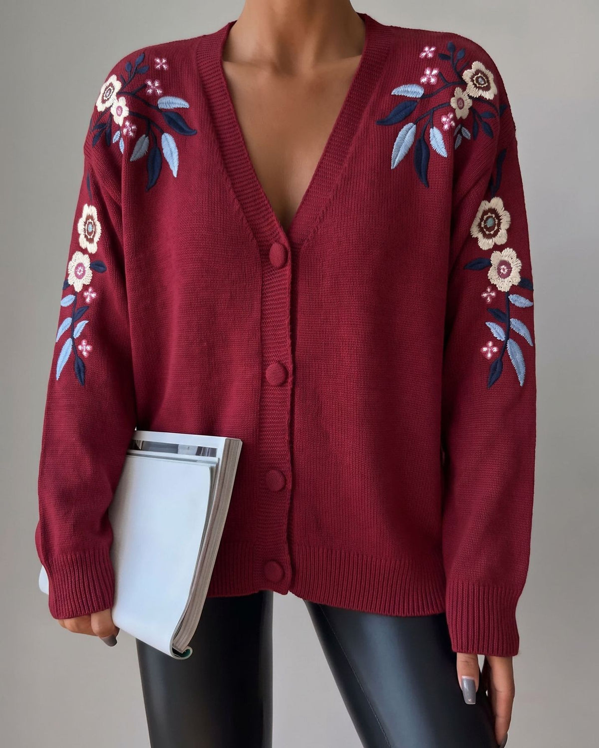 Knit Cardigan With Embroidered Floral Shoulders - Wine-Red