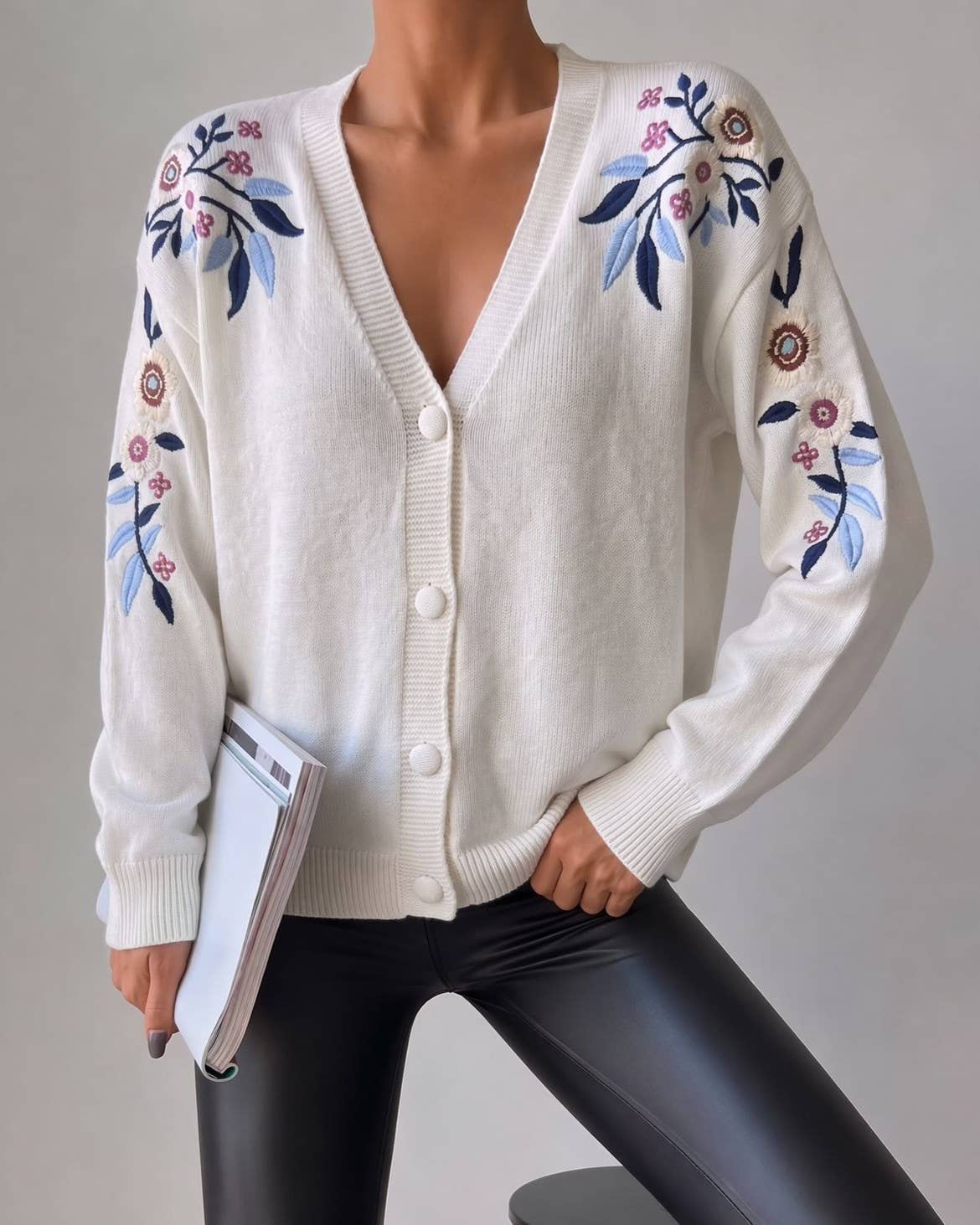 Knit Cardigan With Embroidered Floral Shoulders