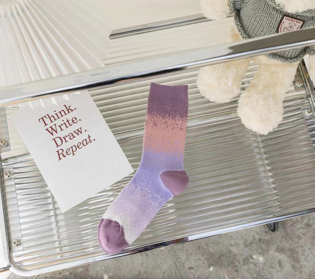 Ombre Gradient Ribbed Cotton Crew Socks - Purple