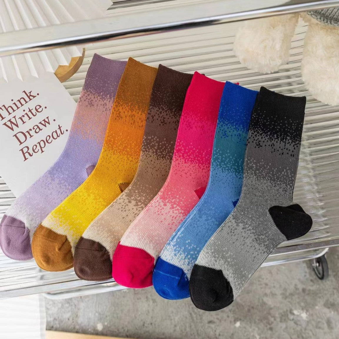 Ombre Gradient Ribbed Cotton Crew Socks