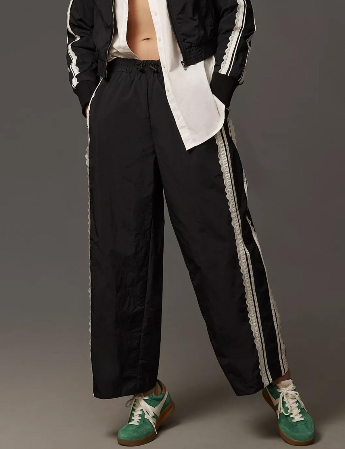 Scalloped Trim Side Stripe Wide Leg Trousers - Black
