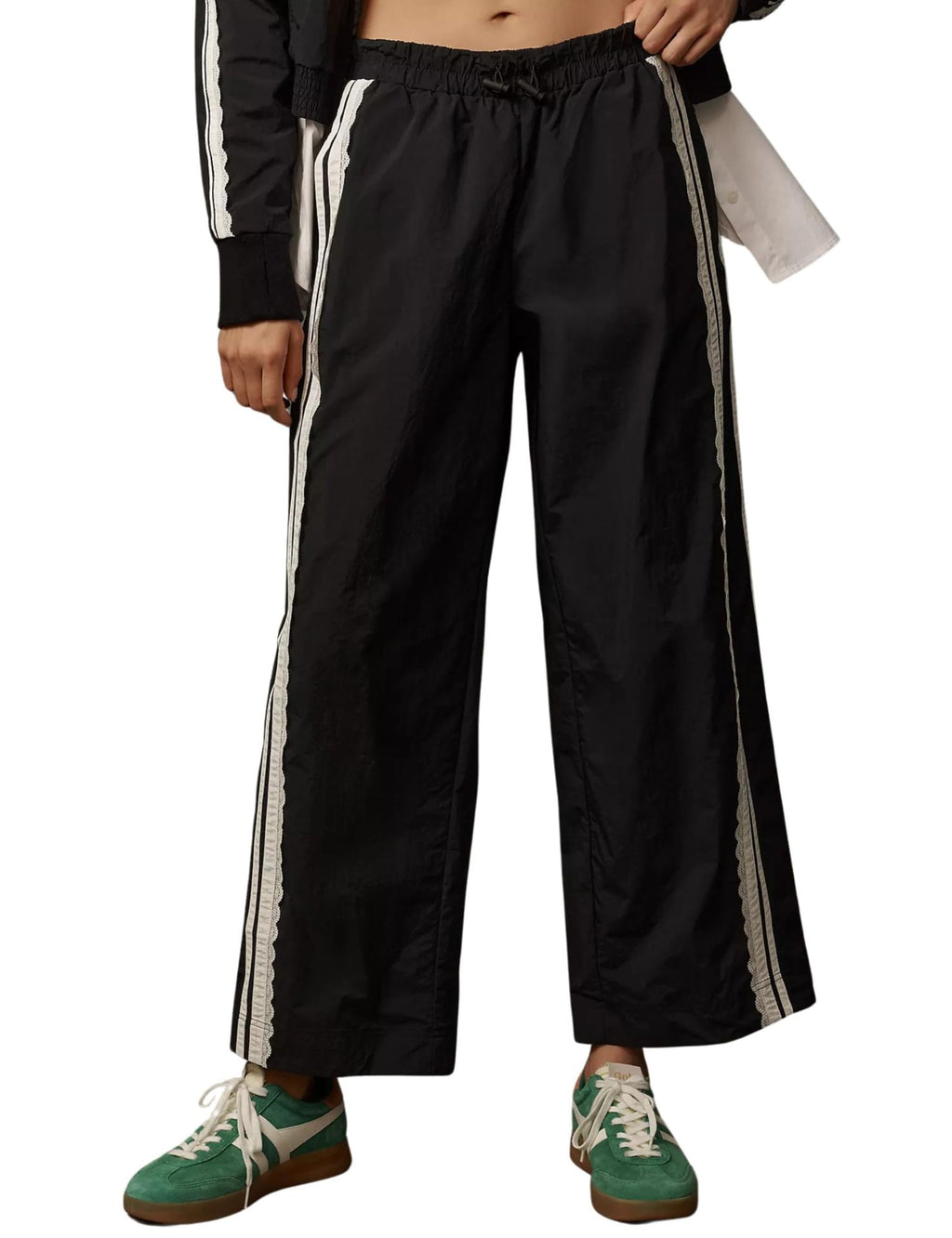 Scalloped Trim Side Stripe Wide Leg Trousers - Black - 4