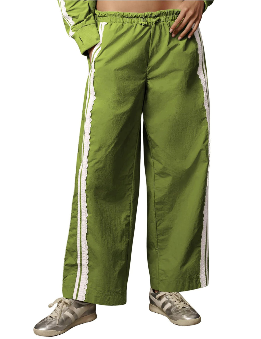 Scalloped Trim Side Stripe Wide Leg Trousers - Green - 1