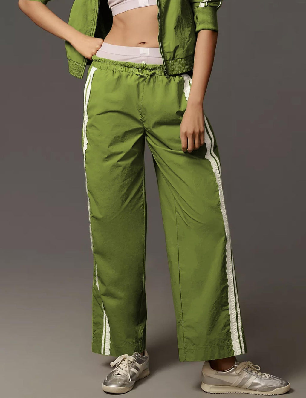 Scalloped Trim Side Stripe Wide Leg Trousers - Green - 4