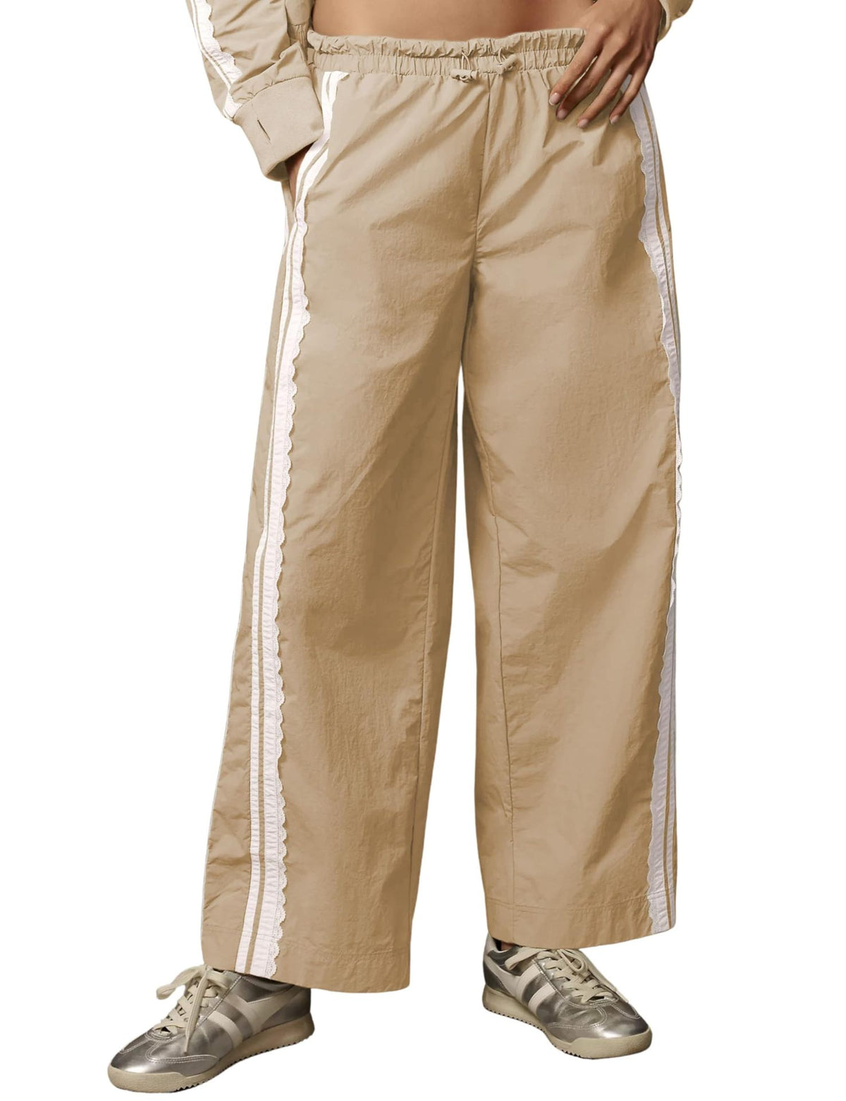 Scalloped Trim Side Stripe Wide Leg Trousers - Khaki - 3